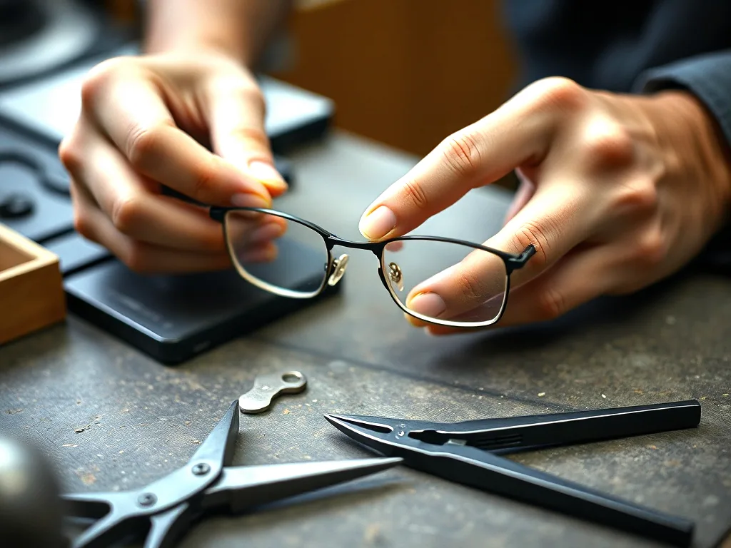 Hands holding a metal spectacle frame over a workbench with pliers and a small screwdriver laid on the surface