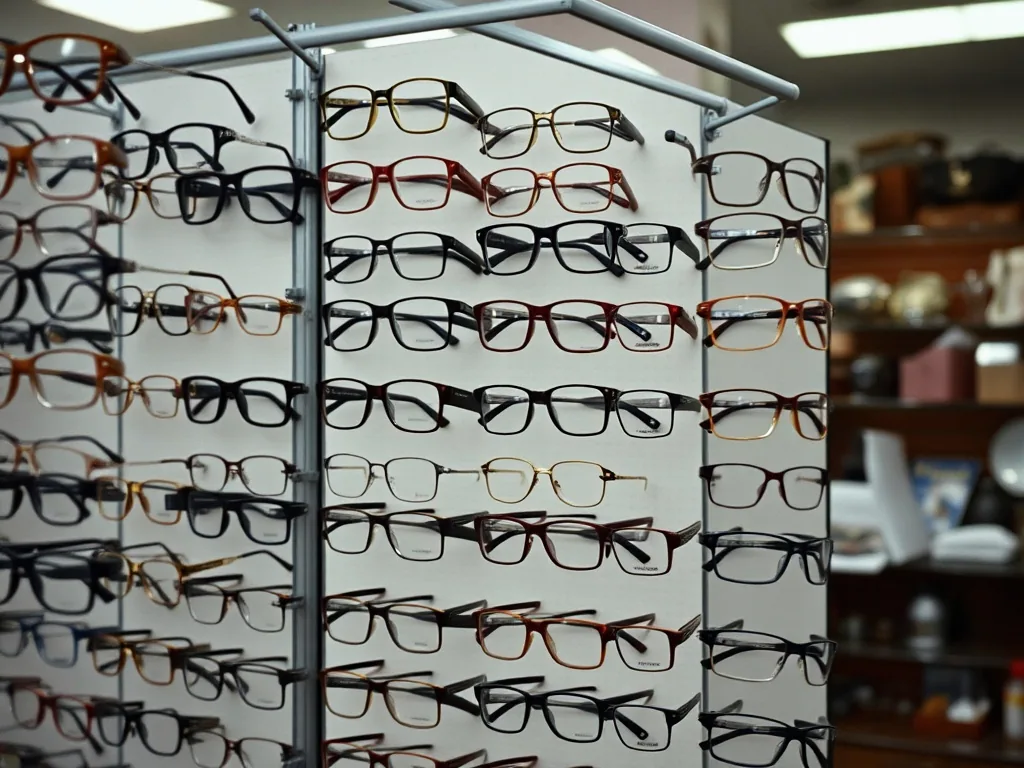 A wall of spectacle frames on a display board, several rows deep, lit evenly and shot square on