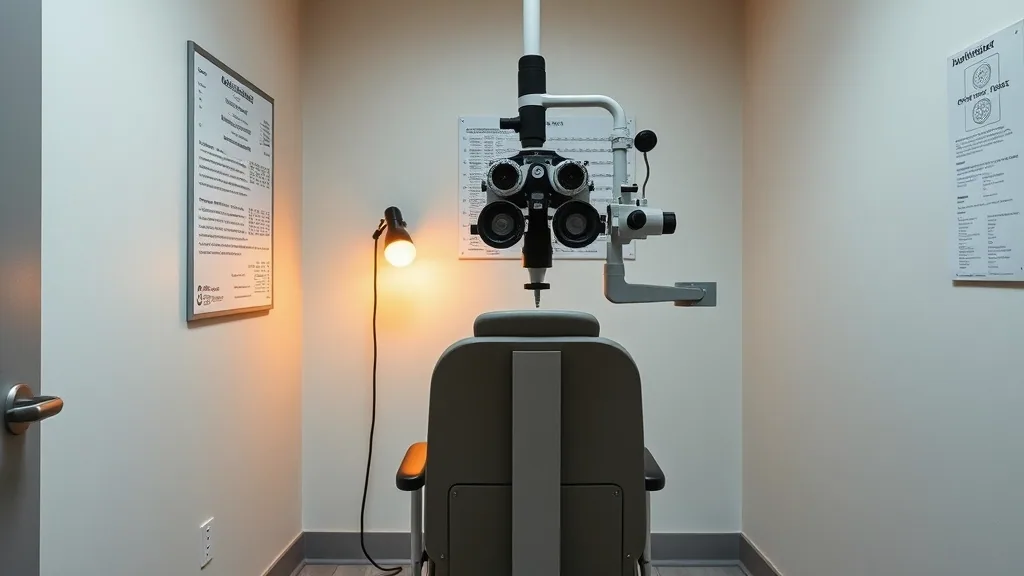 A small exam room seen from the patient's chair, the phoropter arm swung in over the headrest and one lamp lit